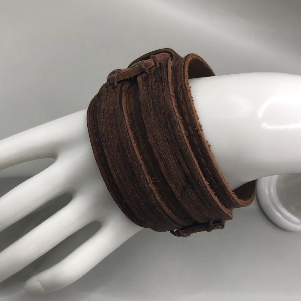 Brown leather artisan handcrafted handmade wide bracelet UNISEX New NWOT